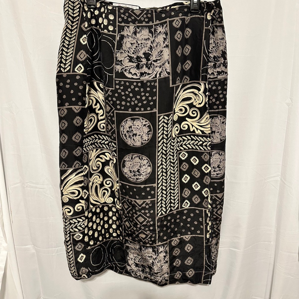 Diana Marciano Vintage 100% Silk Patchwork Print Lined Midi Skirt Black Cream 18